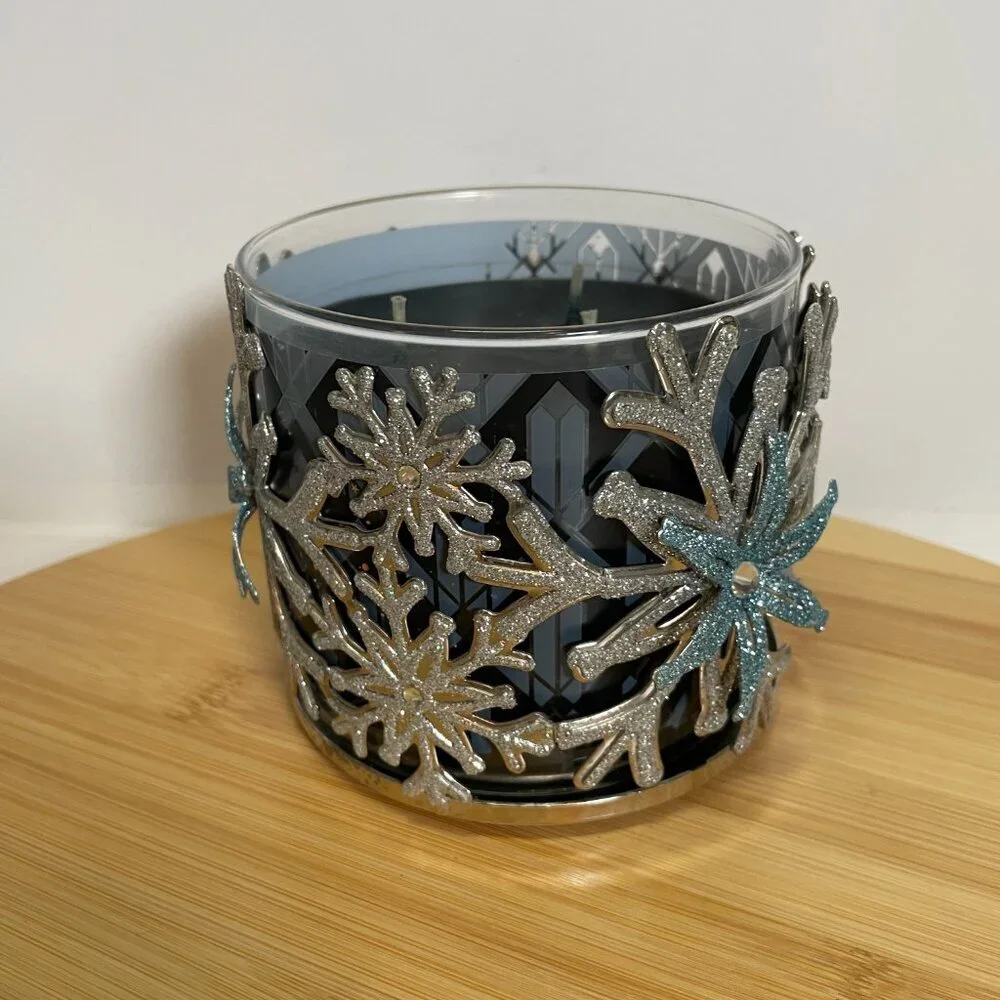 Bath & Body Works Silver Blue Glitter Snowflake Metal Candle Holder 3-Wick